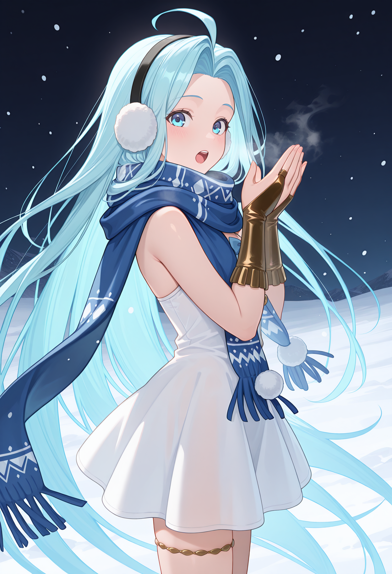 snow, warming hands, from side, looking at viewer, open mouth upper teeth only, steaming body, gbfluria, light blue hair, very long hair, ahoge, blue eyes, lyrdef, white dress, earmuffs, blue scarf, muffler, pom pom \(clothes\), jewelry, bridal gauntlets, thighlet, <lora:_lyria-elesico-ilxlC:1> highres, best quality, masterpiece,
1girl, solo,