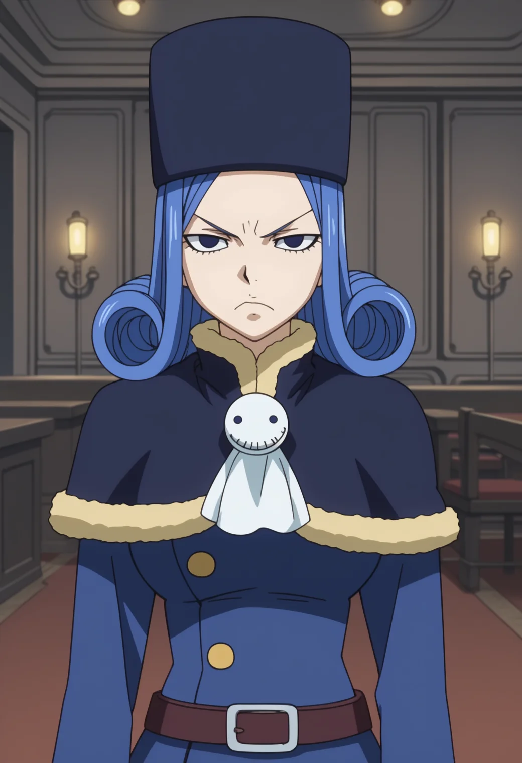 score_9, score_8_up, score_7_up, anime screencap, BREAK, 1girl, (solo:1.2),   <lora:DX888Juvia:1>, juvia lockser, blue hair,  curly hair, blue eyes, short hair, hat, dress, belt, capelet, fur trim, teruterubouzu,   ,   BREAK   Giving thumbs up,  upset, angry, frown, pout, averting eyes, closed mouth, :t,v-shaped eyebrows, cheek bulge, half-closed eyes,  futuristic research facility, bright lights, cold colors, white lights , interfaces, pipes,