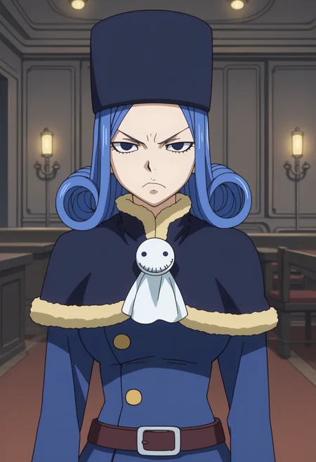 score_9, score_8_up, score_7_up, anime screencap, BREAK, 1girl, (solo:1.2), <lora:DX888Juvia:1>, juvia lockser, blue hair, curly hair, blue eyes, short hair, hat, dress, belt, capelet, fur trim, teruterubouzu, , BREAK Giving thumbs up, upset, angry, frown, pout, averting eyes, closed mouth, :t,v-shaped eyebrows, cheek bulge, half-closed eyes, futuristic research facility, bright lights, cold colors, white lights , interfaces, pipes,