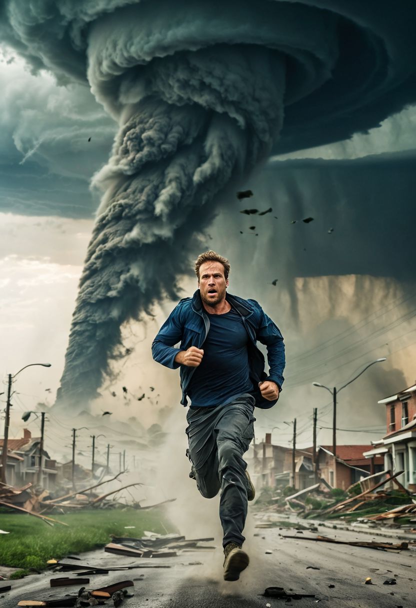 action apocalypse movie scene, heroic man running away from a tornado ravaging the city, epic intense scene, strong wind, sense of danger