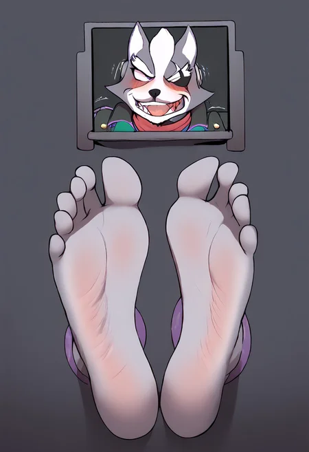 score_9,score_8_up, <lora:OtherStyle_01:0.6>,
furry cartoon Wolf O'Donnell (ZP92 Style) paws through wall. paws through wall. ((Five toes)), soft soles, ((cute feet)), furry soles. toes curling. paws wiggling, paws shaking.
((((face on monitor)))). ((Wolf O'Donnell (Star fox, male))) , blushing, nervous, mouth open) ((big grey soles)) ((big grey feet)).
Wolf O'Donnell speaks to us saying (what are you doing?!) (Wolf O'Donnell angry)
((tickling feet with pencils))
detailed, anime, masterpiece, dynamic lighting.
