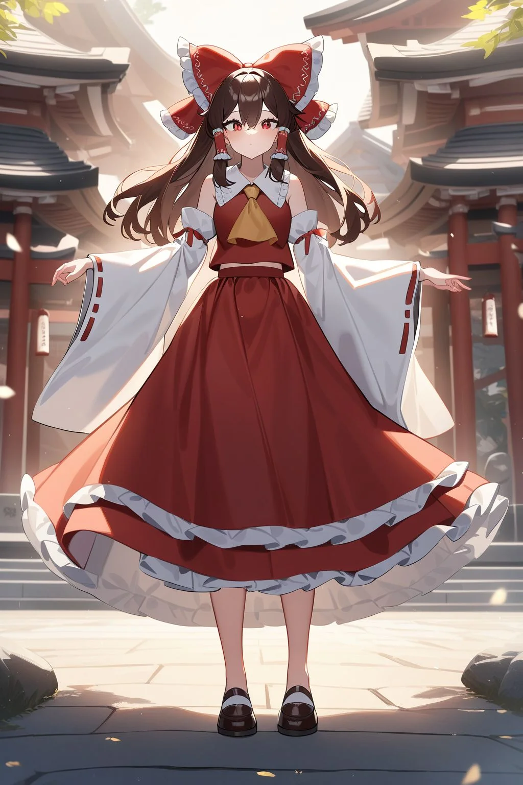 normal quality,1girl,solo,detached sleeves,bow,hair bow,red bow,brown hair,ascot,hair tubes,skirt,frills,red skirt,yellow ascot,wide sleeves,standing,frilled bow,red shirt,frilled skirt,ribbon-trimmed sleeves,architecture,sidelocks,frilled shirt collar,closed mouth,bare shoulders,red vest,long skirt,petticoat,nontraditional miko,hair between eyes,hakurei shrine,shrine,sunlight,long sleeves,hakurei_reimu,, <lora:hakurei_reimu XL:1>, Standing on the ground,frontal,front view,Positive por,masterpiece,best quality,very aesthetic,absurdres