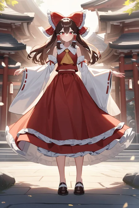 normal quality,1girl,solo,detached sleeves,bow,hair bow,red bow,brown hair,ascot,hair tubes,skirt,frills,red skirt,yellow ascot,wide sleeves,standing,frilled bow,red shirt,frilled skirt,ribbon-trimmed sleeves,architecture,sidelocks,frilled shirt collar,closed mouth,bare shoulders,red vest,long skirt,petticoat,nontraditional miko,hair between eyes,hakurei shrine,shrine,sunlight,long sleeves,hakurei_reimu,, <lora:hakurei_reimu XL:1>, Standing on the ground,frontal,front view,Positive por,masterpiece,best quality,very aesthetic,absurdres