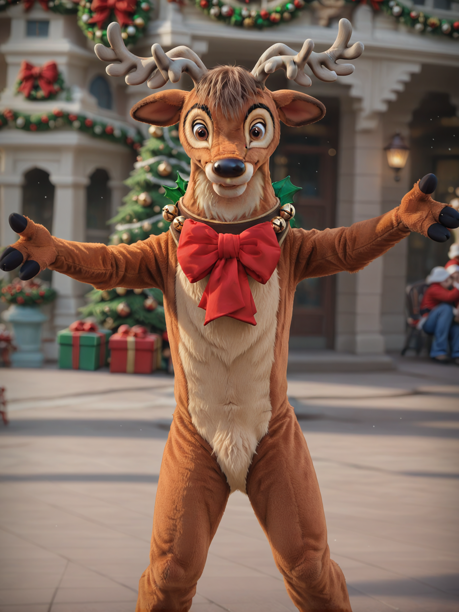 cinematic film still <lora:J_cartoon:0.4> j_cartoon, <lora:DsnyReindeer:0.8>, DsnyRndr, source_furry, ((anthro)), solo, fluffy, detailed fur, male, reindeer, anthro, brown fur, harness, brown eyes, red bow, bells, antlers, hooves, (detailed eyes), (((looking at viewer))), standing, outstretched arms, Christmas, ((outside)), Christmas parade, Disney World, detailed background, . shallow depth of field, vignette, highly detailed, high budget, bokeh, cinemascope, moody, epic, gorgeous, film grain, grainy