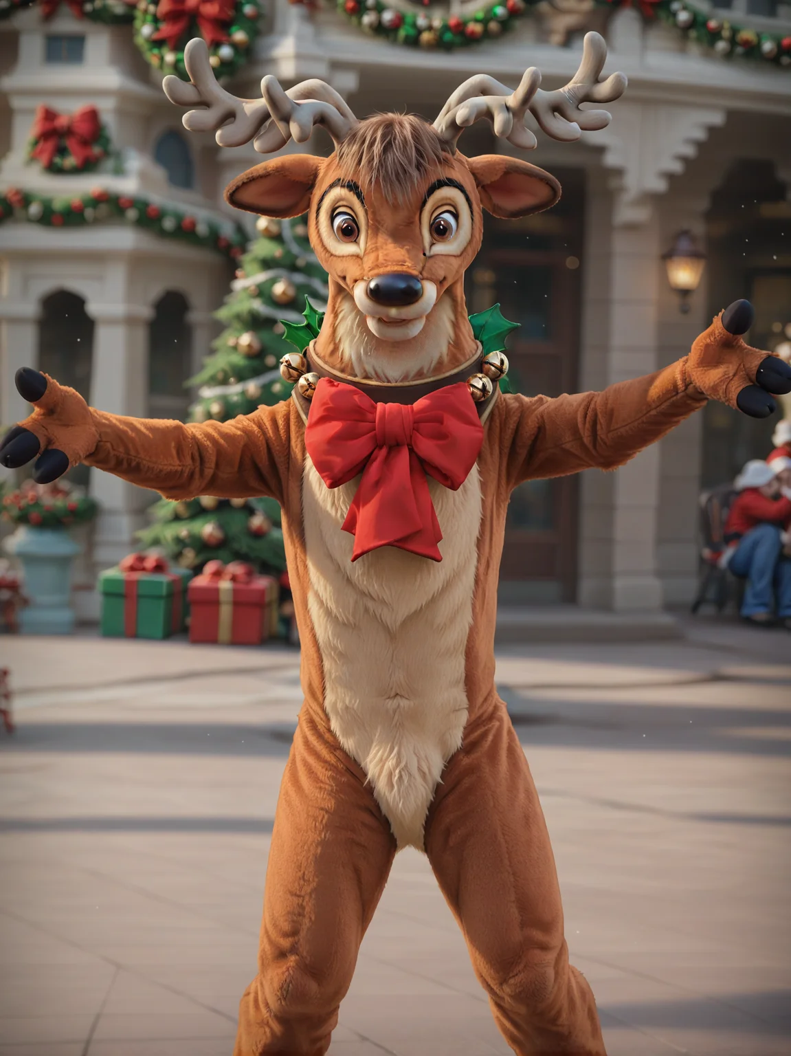 cinematic film still <lora:J_cartoon:0.4> j_cartoon, <lora:DsnyReindeer:0.8>, DsnyRndr, source_furry, ((anthro)), solo, fluffy, detailed fur, male, reindeer, anthro, brown fur, harness, brown eyes, red bow, bells, antlers, hooves, (detailed eyes), (((looking at viewer))), standing, outstretched arms, Christmas, ((outside)), Christmas parade, Disney World, detailed background, . shallow depth of field, vignette, highly detailed, high budget, bokeh, cinemascope, moody, epic, gorgeous, film grain, grainy