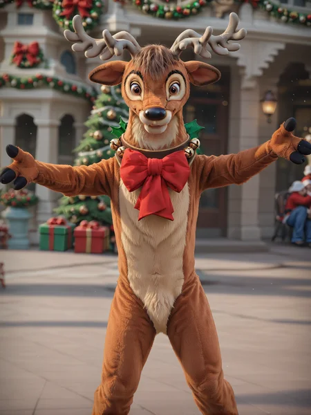 cinematic film still <lora:J_cartoon:0.4> j_cartoon, <lora:DsnyReindeer:0.8>, DsnyRndr, source_furry, ((anthro)), solo, fluffy, detailed fur, male, reindeer, anthro, brown fur, harness, brown eyes, red bow, bells, antlers, hooves, (detailed eyes), (((looking at viewer))), standing, outstretched arms, Christmas, ((outside)), Christmas parade, Disney World, detailed background, . shallow depth of field, vignette, highly detailed, high budget, bokeh, cinemascope, moody, epic, gorgeous, film grain, grainy