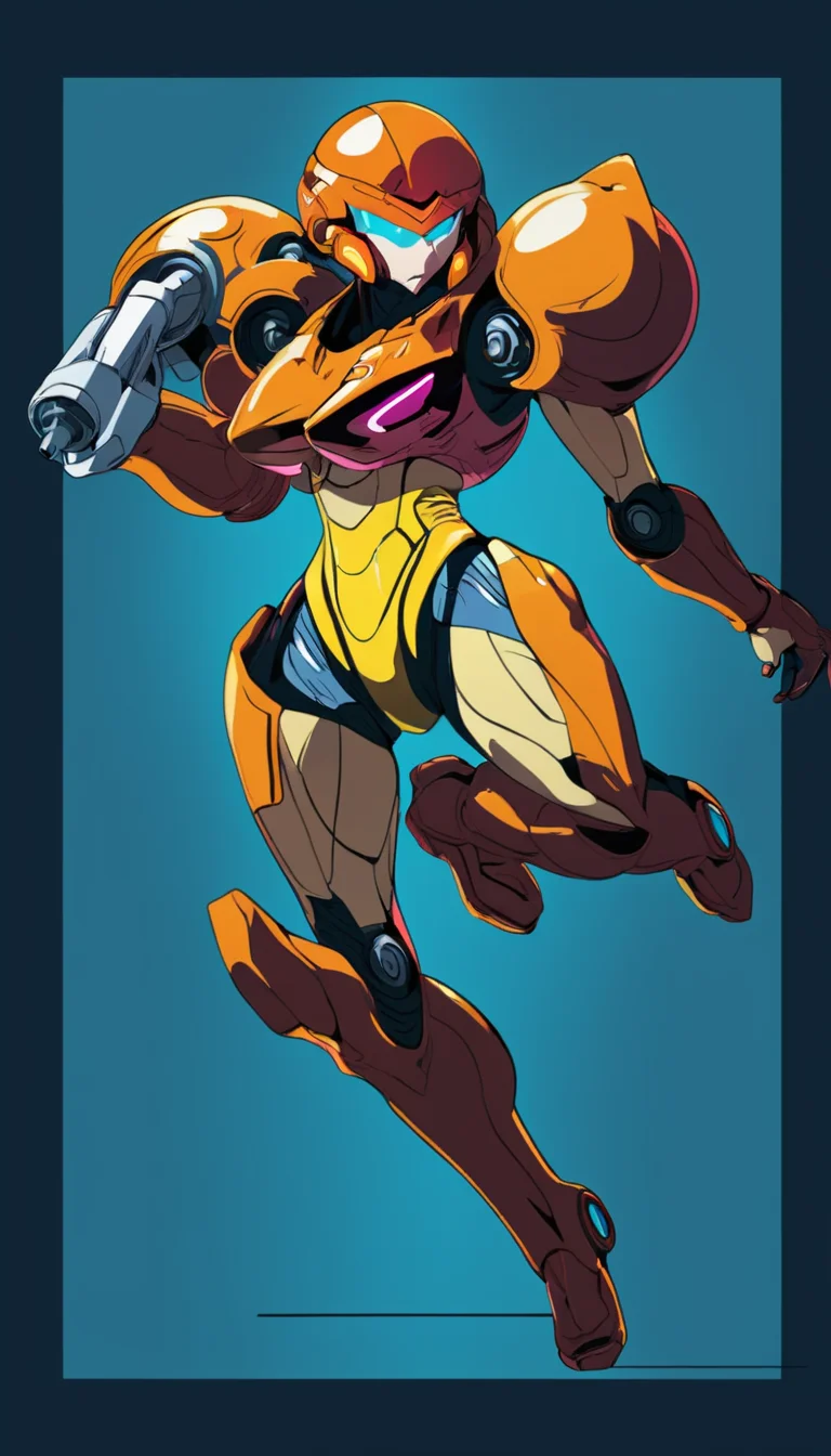 Cinematic scene, hero view, Samus Aran <lora:samus_aran_xl_v1:1>, action pose, detailed background, masterpiece, best quality, high quality, highres, absurdres, Vector art, Vivid colors, Clean lines, Sharp edges, Minimalist, Precise geometry, Simplistic, Smooth curves, Bold outlines, Crisp shapes, Flat colors, Illustration art piece, High contrast shadows, Technical illustration, Graphic design, Vector graphics, High contrast, Precision artwork, Linear compositions, Scalable artwork, Digital art