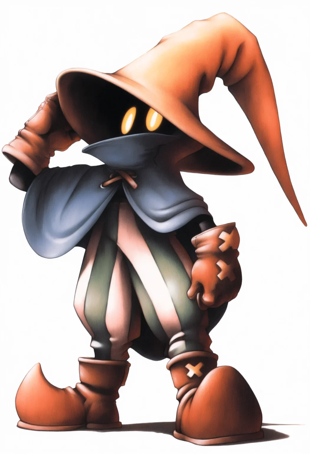 masterpiece, best quality, solo, 1boy, looking at viewer, <lora:FF7-Offical-Art-illus_Fp:1>, 1990s \(style\), simple background, white background, full body, standing, <lora:Ziggy-illus_Fp:1>, ziggy, yellow eyes, shaded face, faceless, no mouth, wizard hat, striped pants, cloak, robe, gloves, boots, adjusting hair,