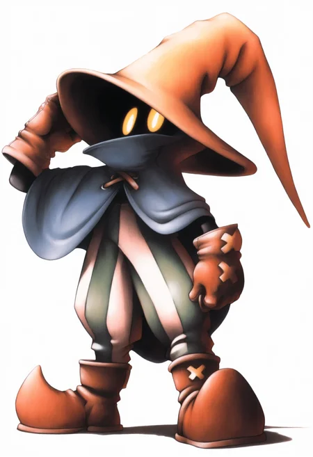 masterpiece, best quality, solo, 1boy, looking at viewer, <lora:FF7-Offical-Art-illus_Fp:1>, 1990s \(style\), simple background, white background, full body, standing, <lora:Ziggy-illus_Fp:1>, ziggy, yellow eyes, shaded face, faceless, no mouth, wizard hat, striped pants, cloak, robe, gloves, boots, adjusting hair,