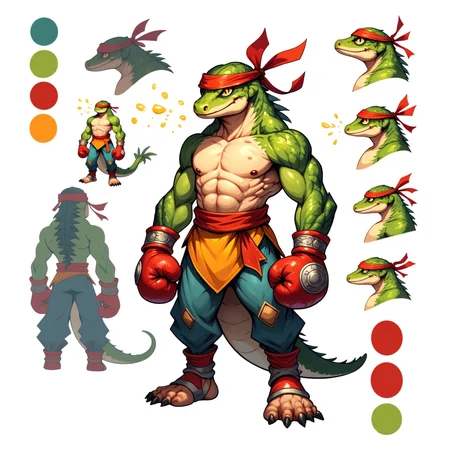 CharacterDesignFLUX,reference sheet,white background,simple background,multiple views, upper body, front, from side, color palette reference, high_detailed, captured in high detail, Lizard boy with big arms, fighter clothes, red headband, boxing gloves, magic particles