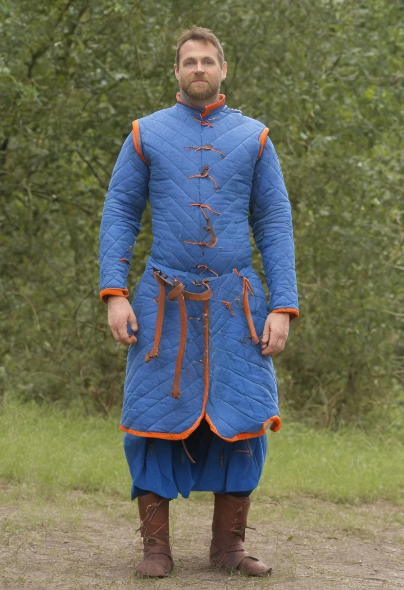 1 male wearing armor, gambeson,blue armor, cloth material, skirt