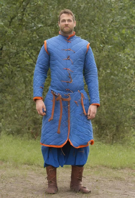 1 male wearing armor, gambeson,blue armor, cloth material, skirt