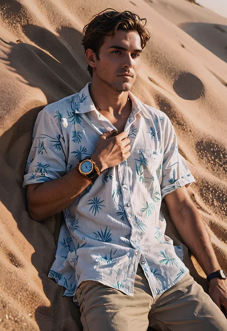 Middle-aged man,beachside locale,linen shirt,blue eyes, (groomed:0.5),sunset silhouette,rolled-up sleeves,sand underfoot,casual sophistication,tousled hair,wristwatch accent,(laid-back charisma:0.7),perfect lighting,perfect shading,, score_9, score_8_up, score_7_up, score_6_up,embedding:EZRealPONYXL,
