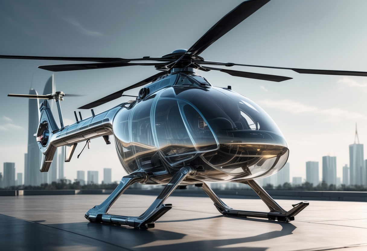 (medium full shot) of (futuristic medium-sized translucent helicopter) with titanium-alloy body, hybrid propulsion, advanced shielding, ethereal auras, set in  on standby at a helipad, the helicopter ready for immediate deployment , ,Masterpiece,best quality, raw photo, realistic, very aesthetic