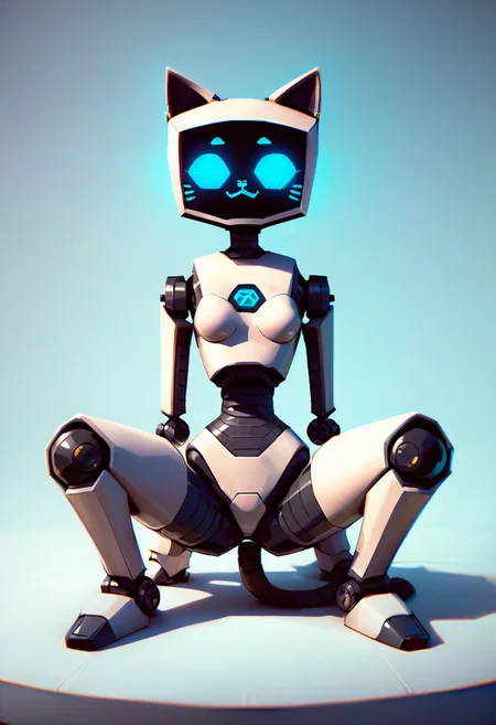 score_9, score_8_up, score_7_up, advanced, ((full body)), female, (Kerfus:1.2), (robot), cat, semi-anthro, cat tail, small breasts, (white carbon fiber body with glowing lines), white cat body, (screen face:1.2), spread legs