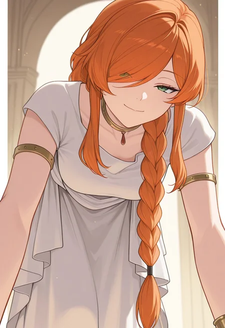 masterpiece, best quality, good quality, very aesthetic, absurdres, newest, looking at viewer, braided ponytail, orange hair, long hair, green eyes, hair over one eye, FlammeSSnF, ancient greek clothes, white dress, neck ring, short sleeves, bracelet, armlet, long dress, standing, bending over, leaning towards viewer, smug expression