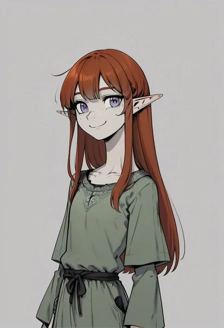 Lapanya, 1 person, solo, pointy ears, ((snout nose)), flat chest, light skin, freckles, tall, ((gray eyes, gray irises)):1.2, ((smiling, friendly expression)),  auburn hair, long hair, several strands of hair sticking straight up, back-length hair,  average build, small nostrils, ((3 fingers 1 thumb)), baggy long-sleeve green tunic, ((blue breeches)) fully clothed,  
Lineart, flat color, clean lines, up close, upper body focus, highly detailed face, high quality, best quality,  score: 9, score: 8 up, rating: safe