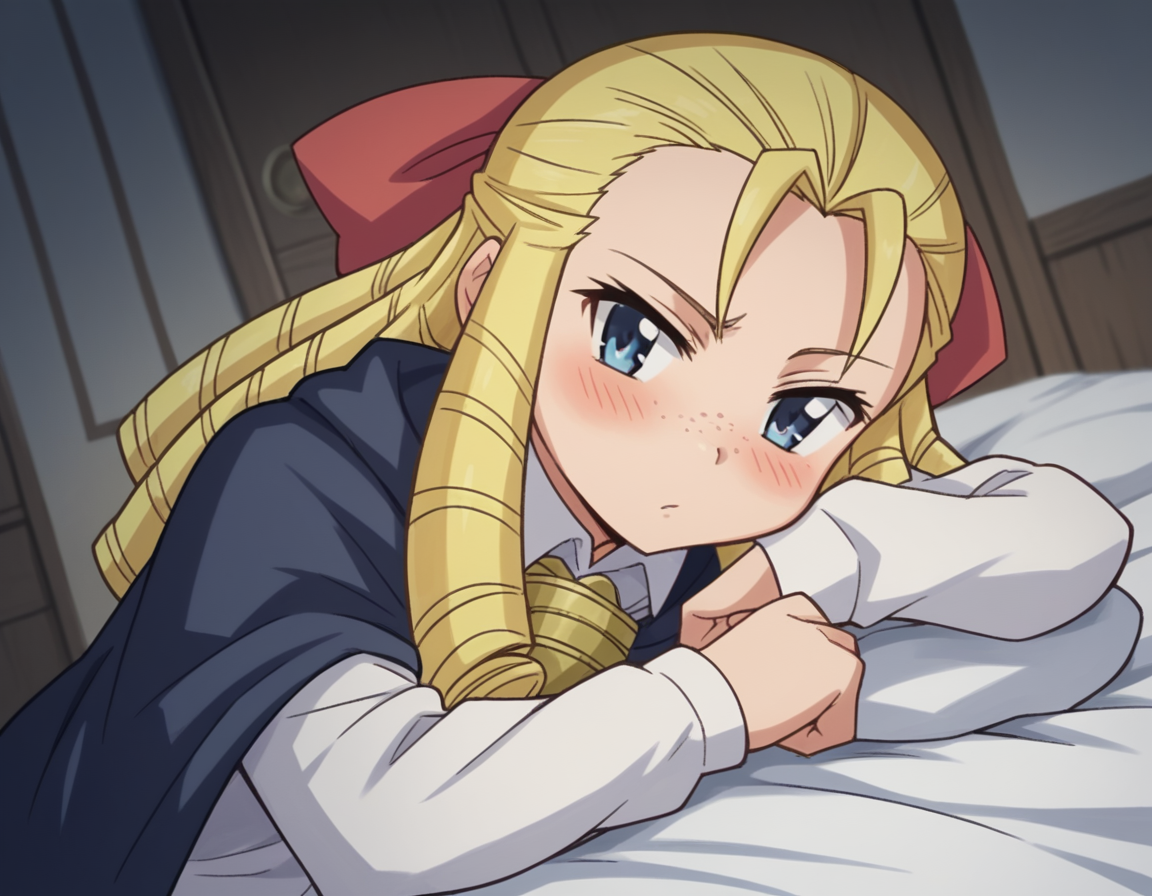 score_9, score_8_up, score_7_up, source_anime,
montmorencymargaritalaferedemontmorency, <lora:montmorency-margarita-la-fere-de-montmorency-s3-ponyxl-lora-nochekaiser_r2:1>,
montmorency margarita la fere de montmorency, long hair, blonde hair, bow, hair bow, drill hair, forehead, freckles, hair pulled back, ringlets,
skirt, thighhighs, long sleeves, collared shirt, white shirt, black skirt, cape,
indoors, bed, bed room, on side, blush, drunk,
looking at viewer, cowboy shot, solo, dutch angle