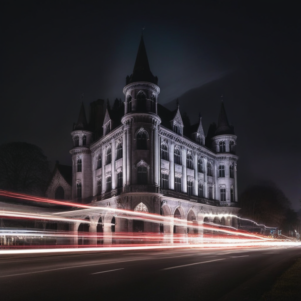 long exposure, a gothic style building, car  light trails <lora:Long_Exposure_XL-KK:1>