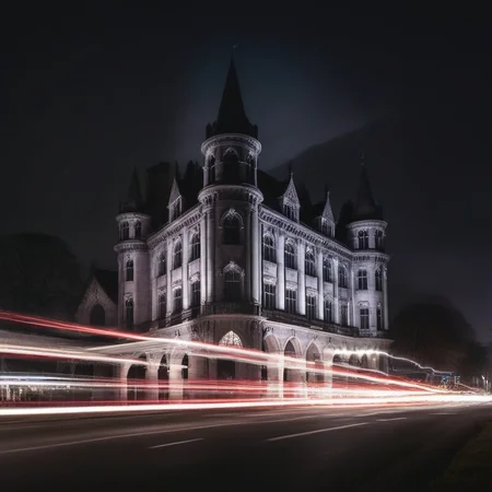 long exposure, a gothic style building, car  light trails <lora:Long_Exposure_XL-KK:1>