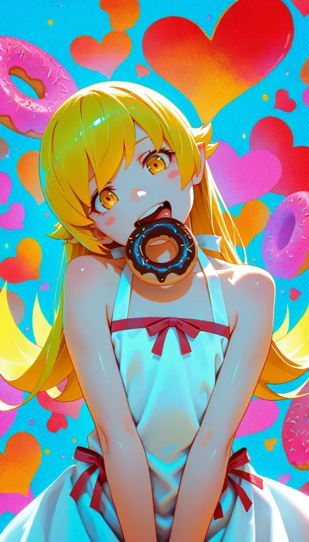 (masterpiece, best quality), best score, best anatomy, ultra deitailed, amazing quality, very aesthetic, absurdres, highres, 2024, newest, 2d, HDR, 8K, high detail RAW color art, high contrast, large pupil, eyelashes, shiny skin, detailed background,
1girl, solo, oshino shinobu, yellow eyes, blonde hair, long hair, pointy ears, white dress, smile, head tilt, :d, tongue, round teeth, happy, blush stickers, mouth hold, doughnut, halftone, flat chest, heart background, happy, colored lighting, particles, <lora:薄塗り:0.25>, <lora:ponyv5_noobV065S_1:0.5>, <lora:spo_sdxl_10ep_4k:0.6>, <lora:MeMaXL4:0.5>