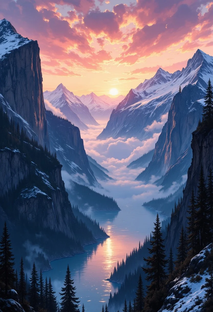 A large Fjord runs through a misty valley towards open ocean in the far distance. Tall granite snow covered mountains frame the scene. The sun is just rising above the horizon, painting the sky in vivid hues of pink, orange, and gold. Forest fills one side of the fjord. The other side features a rocky cliff. Snow and ice sparkle as the sun hits them. Wispy clouds catch the sunlight, transforming into strands of brilliant color. The Fjord is dark blue and highlighted in icy blues. A dense fog fills in the open valleys. G0thicL1nes