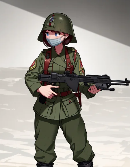 wargirls, 1girl, world war ii, surgical mask, war, holding handgun, pistol, anfry, masterpiece, best quality, very detailed, helmet, full body, dynamic pose, <lora:wargirls:1>