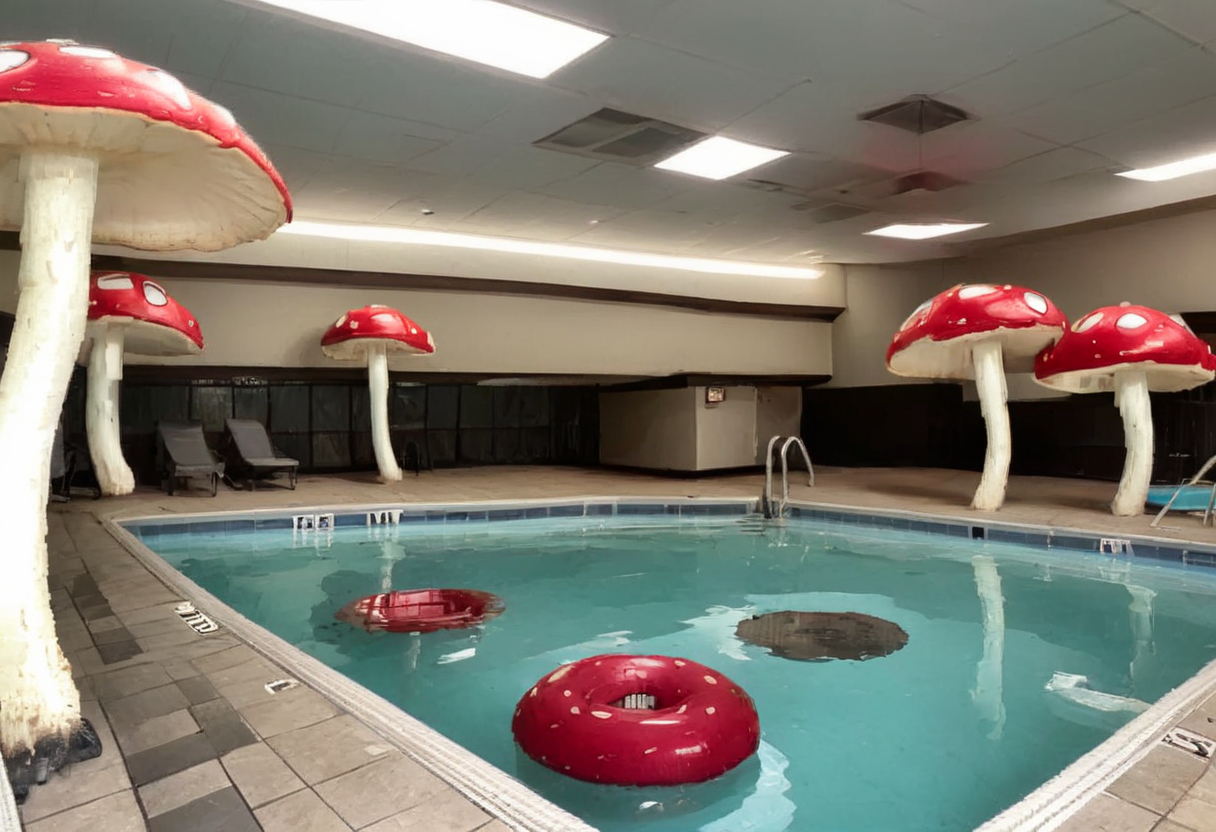 an eerie image set in a pool area with a liminal space vibe, incorporating elements of horror, strange mushrooms, and a distorted atmosphere <lora:y2kmadmix_db-v0.0.1-extract:1>