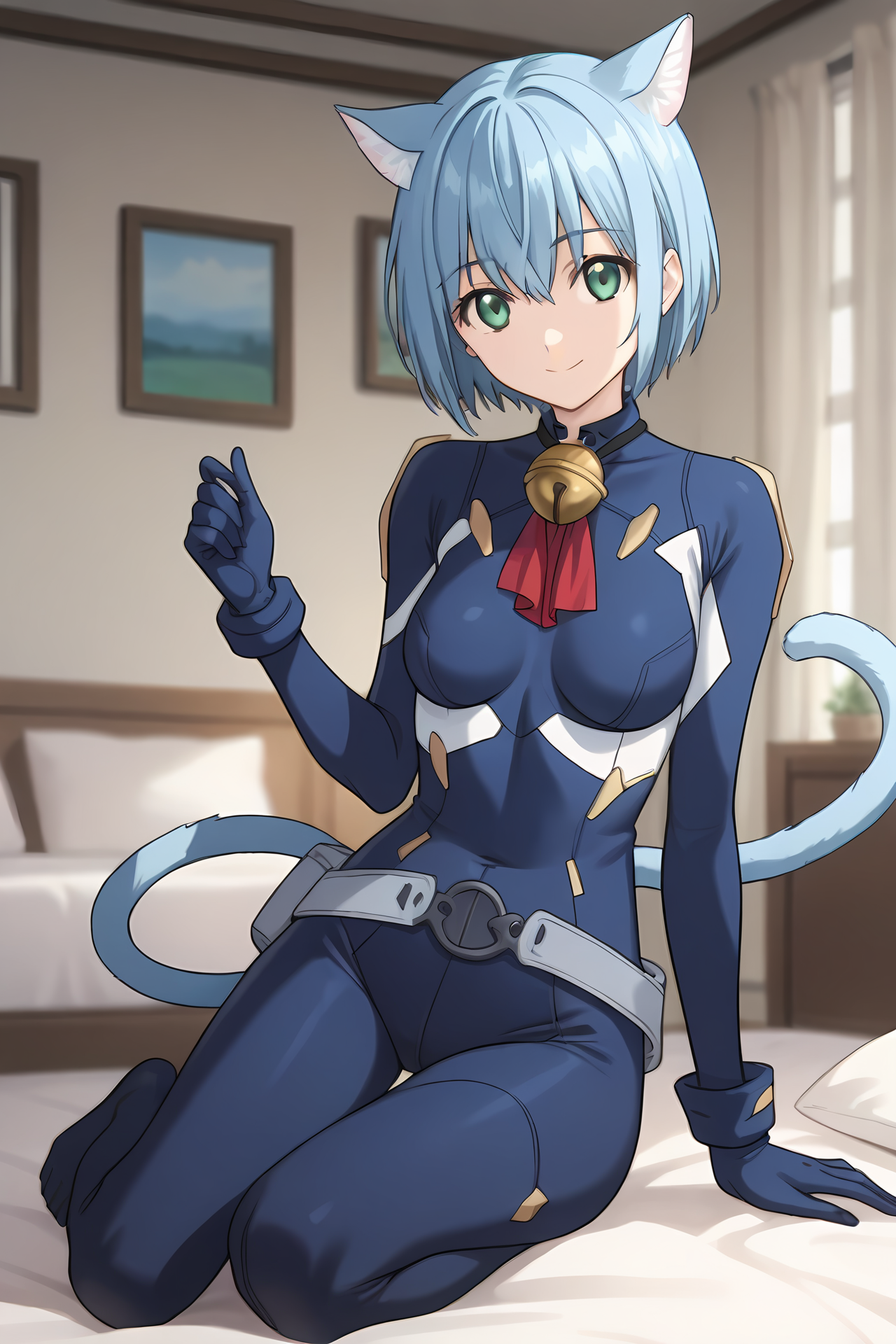 (blue bodysuit belt gloves:1.50), cpc-melwin, blue hair, short hair, hair between eyes, aqua eyes, cat ears, cat tail, neck bell, collar, 
medium breasts, 1girl, solo, skinny, (source_anime, score_9, score_8_up, score_8, score_7_up), score_7, score_6_up, score_6, score_5_up, score_5, 
(light smile:1.40),
(bedroom:1.30),
(full body:1.20), (feet:1.20),
<lora:cpc-melwin-V02-000003:0.80>