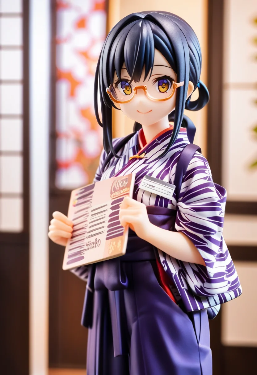 score_9, score_8_up, score_7_up, rating_safe, masterpiece, best quality, absurdres, unity 8k wallpaper, official art, official style, source_anime, uncensored, game cg, megami magazine,
BMC, 1girl, solo, glasses, japanese clothes, yagasuri, hakama skirt, purple hakama, kimono, black hair, indoors, happy, smile, standing, looking at viewer, holding menu,
<lora:basyamichi_PONY_V1:1>