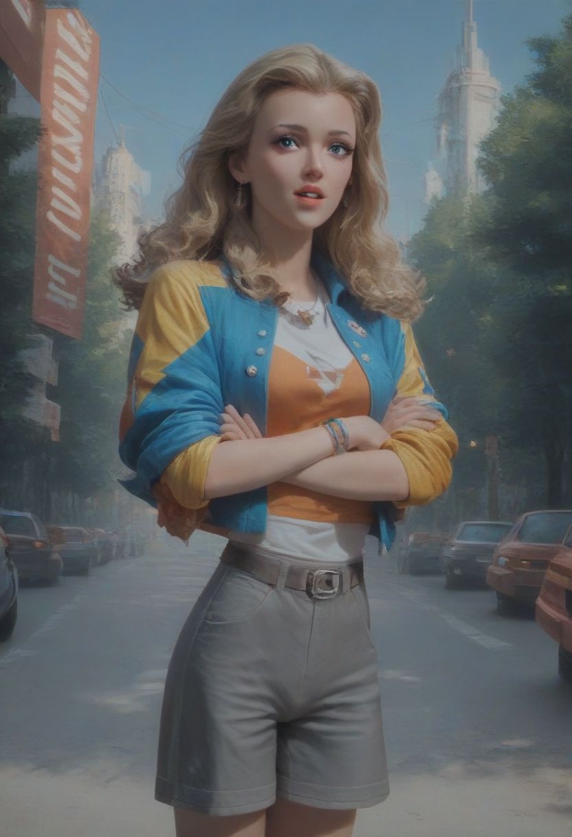score_9, score_8_up, score_7_up, a girl with blonde curly hair, 1girl, standing, crossed arms, 80s style arcade, video games, excited look, self assured, looking at viewer, colorful bomber jacket, grey shorts, shy look, parted lips, masterpiece, slim figure, petite, pale skin, outdoors, standing in the middle of a busy street, downtown nyc, blue sky, trees, side lighting, warm lights, by loish