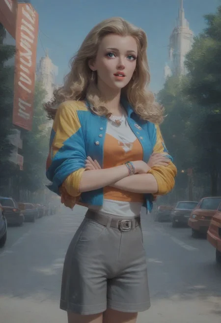 score_9, score_8_up, score_7_up, a girl with blonde curly hair, 1girl, standing, crossed arms, 80s style arcade, video games, excited look, self assured, looking at viewer, colorful bomber jacket, grey shorts, shy look, parted lips, masterpiece, slim figure, petite, pale skin, outdoors, standing in the middle of a busy street, downtown nyc, blue sky, trees, side lighting, warm lights, by loish