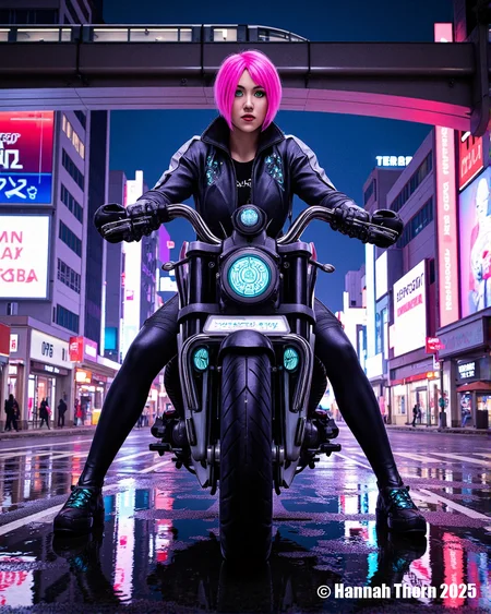 A retro-futuristic comic book cover featuring a stylish cyberpunk biker girl named "Velocity." Velocity has striking emerald green eyes, a short, asymmetrical neon pink haircut, and wears a sleek, black leather catsuit accented with glowing blue circuitry patterns. She's perched on a heavily modified, chrome and neon-lit motorcycle that appears to hover slightly above a rain-slicked Neo-Tokyo street at night. Towering holographic billboards displaying ads for energy drinks and robotic companions fill the background, reflected in the puddles below. A speeding monorail train streaks across the upper part of the frame. The overall art style is inspired by Katsuhiro Otomo (Akira) mixed with Jamie Hewlett (Tank Girl), employing bold lines, dynamic perspective, and a vibrant, oversaturated color palette. Sharp focus, dramatic lighting with strong rim lighting, and a slight halftone pattern enhance the comic book aesthetic. Illustration, digital art, high resolution, cinematic lighting, cyberpunk art, vibrant, dynamic composition, art by [Artist Name] 2077. , detailifier<lora:_Flux\_Skin_Appearance\detailifier_flux-000006.safetensors:1.0:1.0>