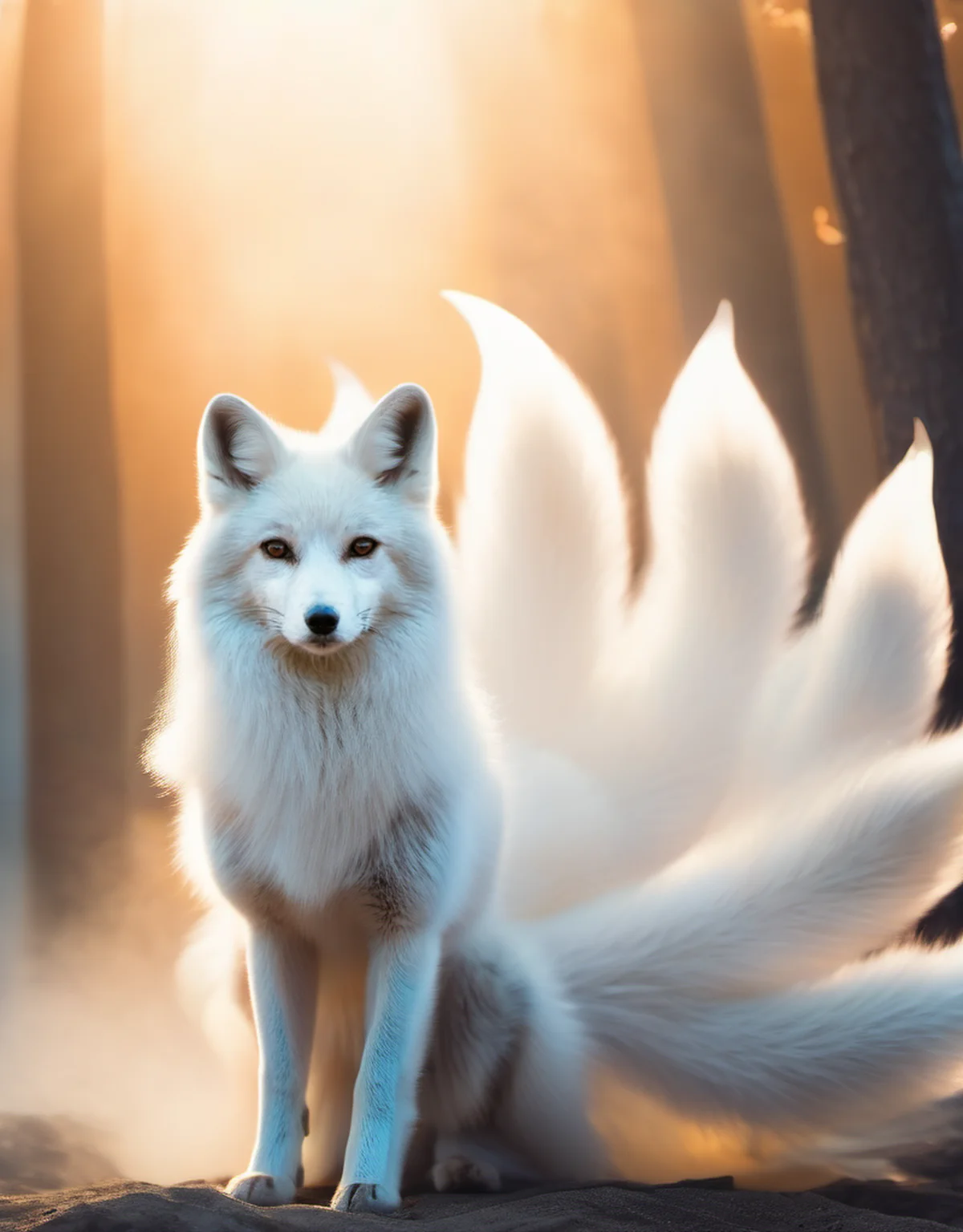 beautiful photo , a white fox with 9 white tails ((gumiho)) ((nine tailed white fox)) fox tail,fox ears, cosmic background,looking at the viewer,white smoke , (cinematic pose) , 8k resolution, soft lighting, film photography, film grain, hyperrealist <lora:Mr_Fox Spirit:1>
