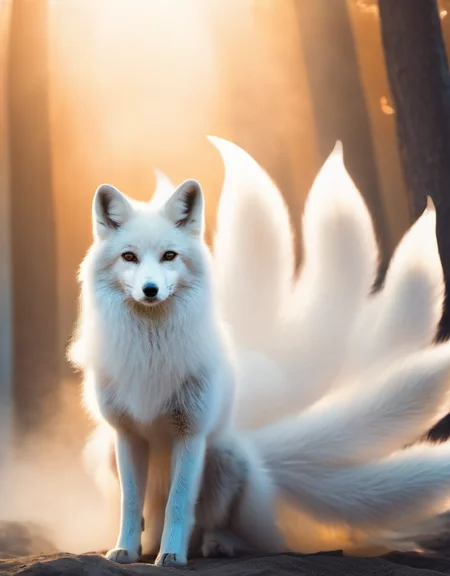 beautiful photo , a white fox with 9 white tails ((gumiho)) ((nine tailed white fox)) fox tail,fox ears, cosmic background,looking at the viewer,white smoke , (cinematic pose) , 8k resolution, soft lighting, film photography, film grain, hyperrealist <lora:Mr_Fox Spirit:1>