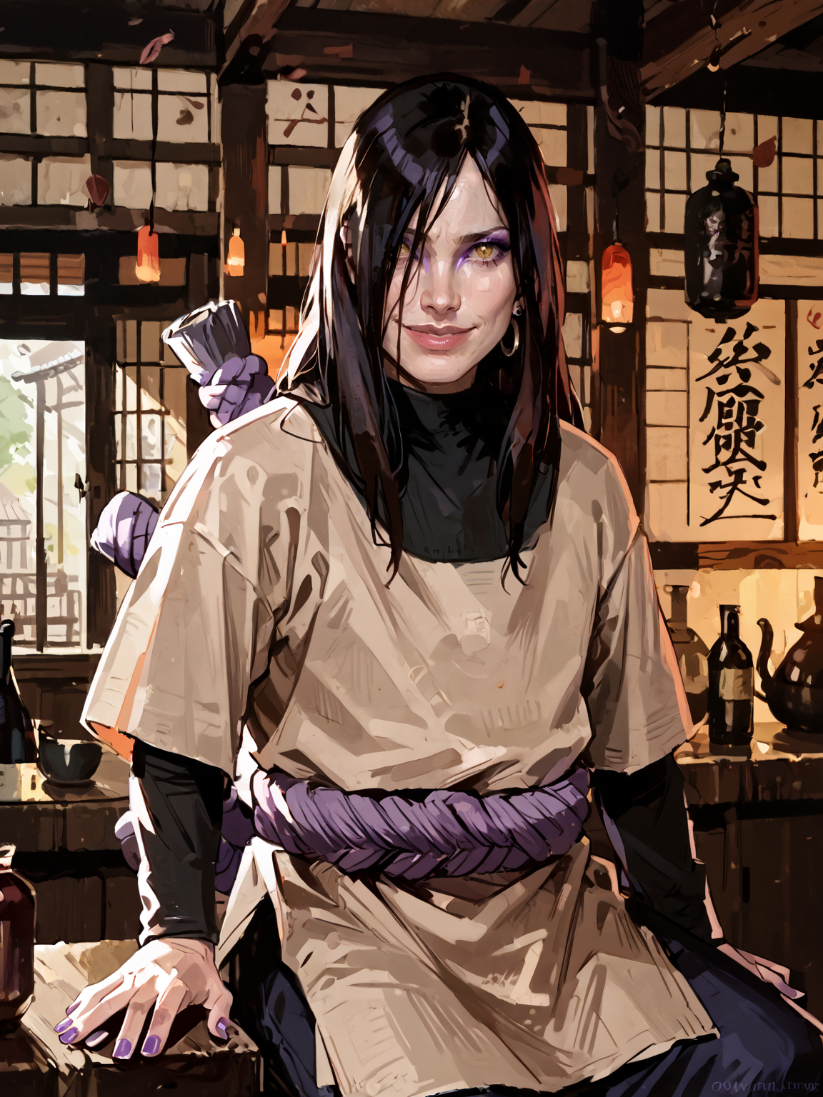 <lora:NarutoConceptStyle:0.8>, <lora:OrochimaruV1:0.8>, adult man, old, oroch1maru, yellow eyes, slit pupils, black hair, long hair, purple eyeliner, hair over one eye, pale skin, tan tunic, long sleeves, purple rope belt, purple nails, earrings, sitting, japanese village, japanese bar, sake bottle, indoors, solo, ninja, asian architecture, medieval, upper body, evil smile, <lora:AlexanderMandradjiev:0.8>, zPDXL3, score_9, score_8_up, score_7_up, score_6_up, score_5_up, score_4_up, realistic, real, hyper realistic, (source_real:1.3)