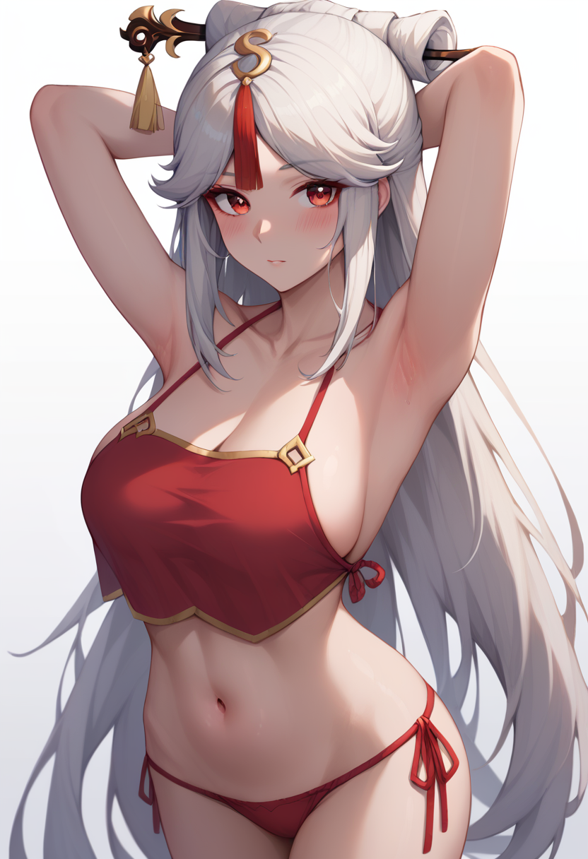 score_9,score_8_up,score_7_up,<lora:dudou:1>,dudou, ningguang (genshin impact), 1girl, breasts, solo, long hair, armpits, hair ornament, white hair, red eyes, navel, underwear, looking at viewer, large breasts, blush, panties, white background, red panties, arms up, very long hair, crop top, tassel, simple background, arms behind head, hairpin, side-tie panties, hair stick, parted bangs, sidelocks, cowboy shot, stomach, bare shoulders, collarbone