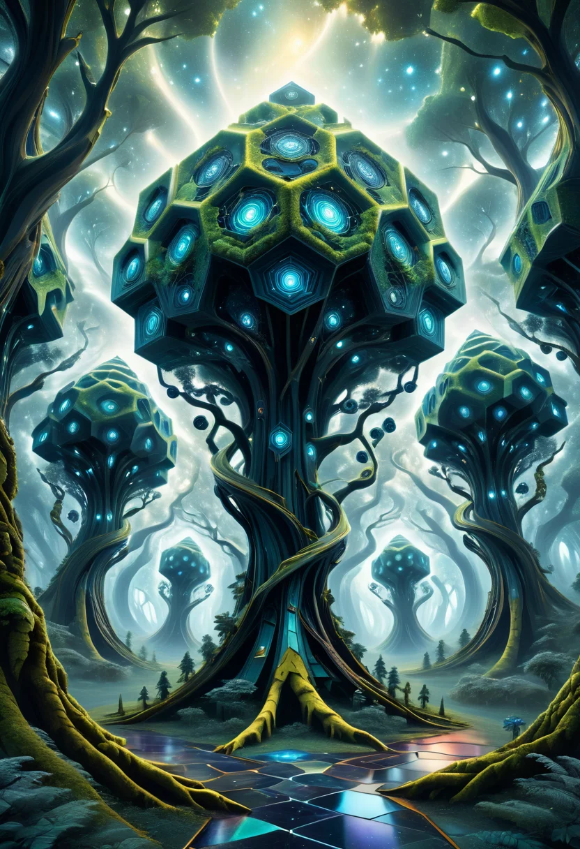 hexagonal tiles, An android sentinel, artrng, arttl, Dreamlike and surreal, where humanoid figures emerge from trees, swirling fractal patterns, stacked, rotating in synchronized motion, and swirling galaxies inside, hybridized, aberrant masterpiece, beautiful, best quality, absurd resolution, 8k, uhd, <lora:artfully_ALIENS.ANDROIDS.ROBOTS:0.9>,