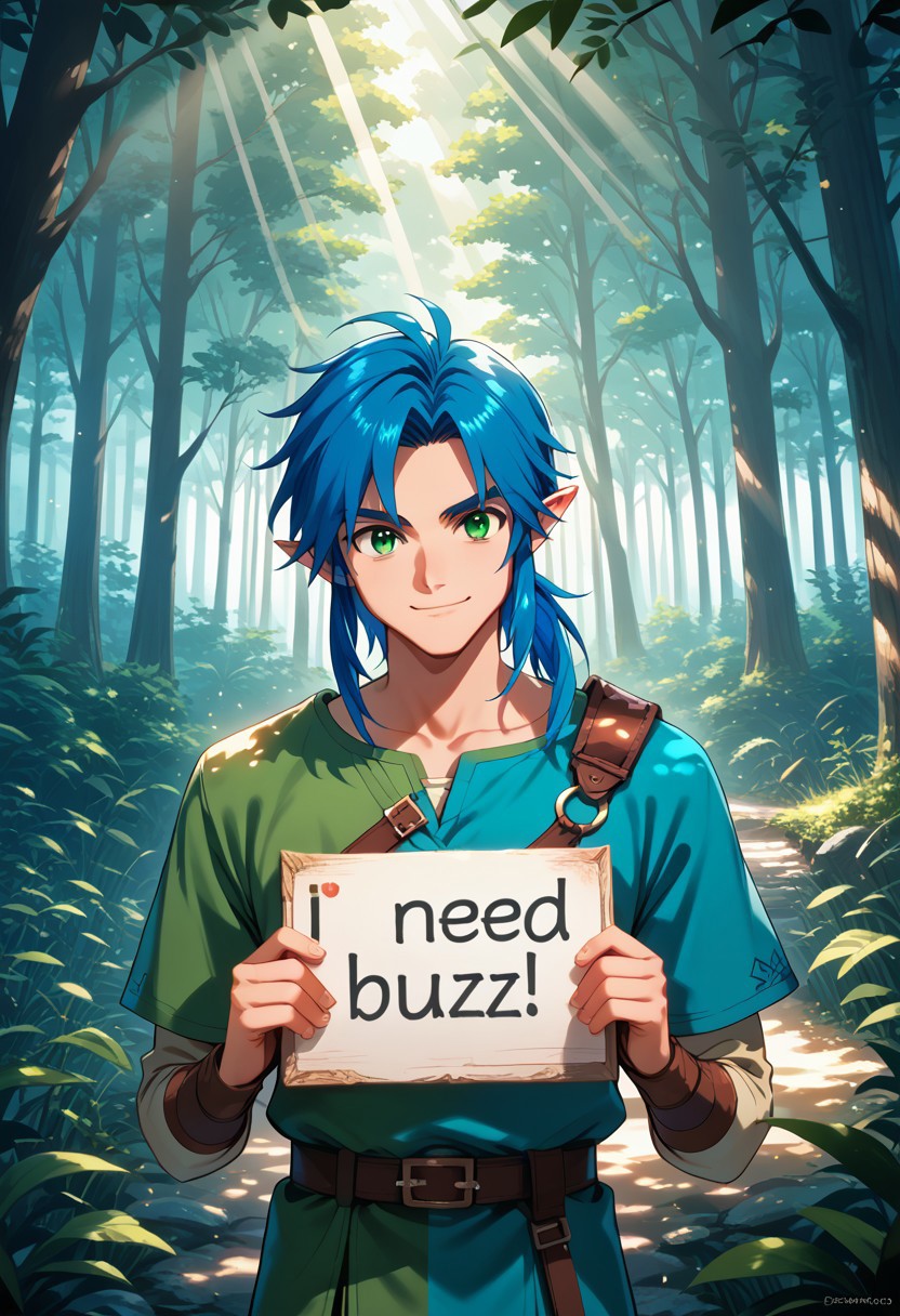 score_9, score_8_up, score_7_up, score_8, score_7, 1boy, tprdnlnk, asymmetrical sleeves, blue hair, green eyes, very shot hair, (need_buzz), holding sign, portrait,
sunlight from above, light particles, smirk, forest background,(looking at camera),
<lora:tp_ordon_link_tprdnlnk_ponyxl_v1-000130:0.9>
