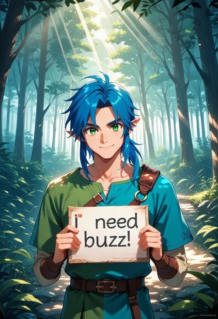 score_9, score_8_up, score_7_up, score_8, score_7, 1boy, tprdnlnk, asymmetrical sleeves, blue hair, green eyes, very shot hair, (need_buzz), holding sign, portrait,
sunlight from above, light particles, smirk, forest background,(looking at camera),
<lora:tp_ordon_link_tprdnlnk_ponyxl_v1-000130:0.9>