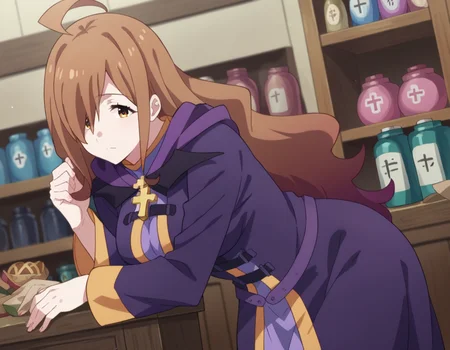 score_9, score_8_up, score_7_up, source_anime,
konosubawiz, <lora:konosuba-wiz-s1s2-ponyxl-lora-nochekaiser:1>,
wiz, ahoge, brown eyes, light brown hair, hair over one eye, long hair, mature female,
cross, dress, hood, hood down, jewelry, latin cross, long dress, long sleeves, purple dress, robe, purple robe,
indoors, shop, bent over,
looking at viewer, dutch angle, cowboy shot,