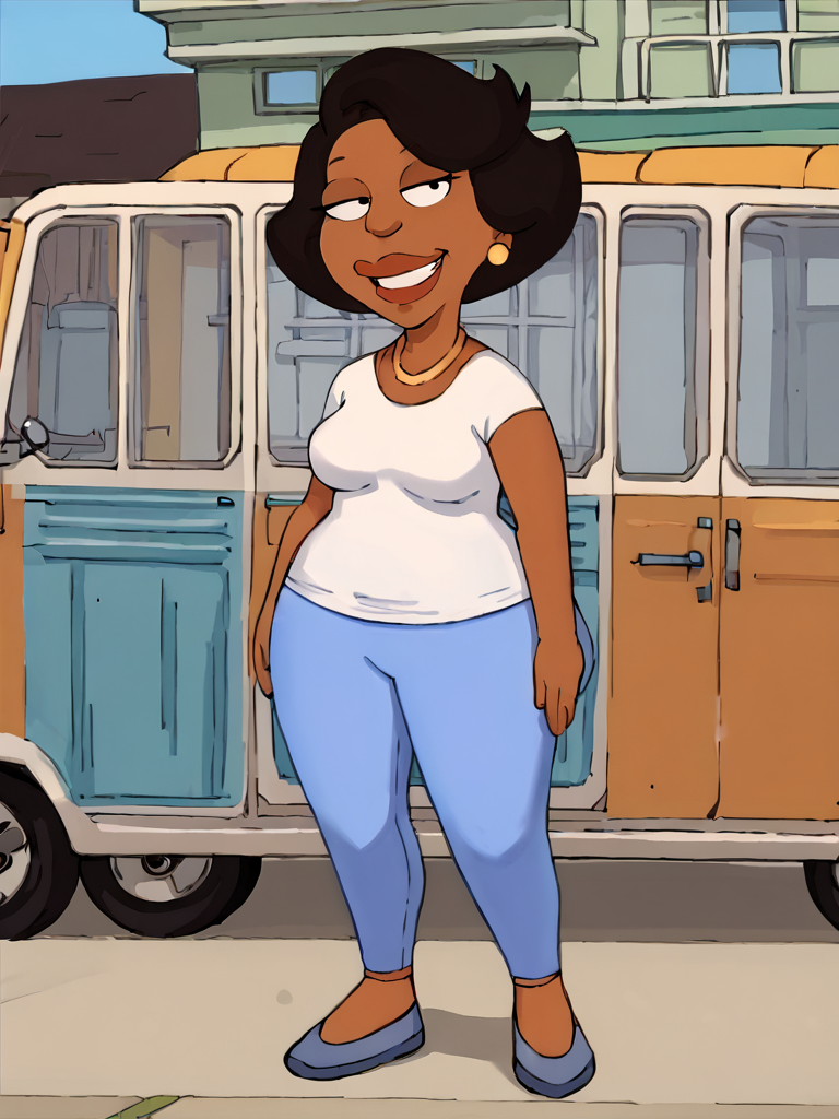 donna, dark skin, black hair, dark-skinned female, 1girl, jewelry, earrings, short hair, solo, necklace, flat color, shirt, white shirt, lipstick, pants, blue pants, mature female ,teeth,  <lora:DonaPony2.0:1>, smile, looking at viewer,  score_9, score_8_up, score_7_up, score_6_up, score_5_up, score_4_up