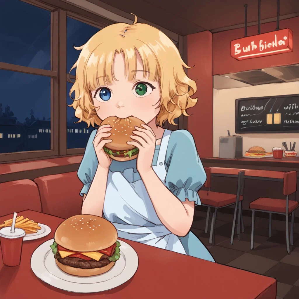 riley-davis, w0rm, blonde hair, 1girl, solo, blue eyes, heterochromia, green eyes, short hair, dress, apron, eating a burger at the restaurant, dinner, night, window