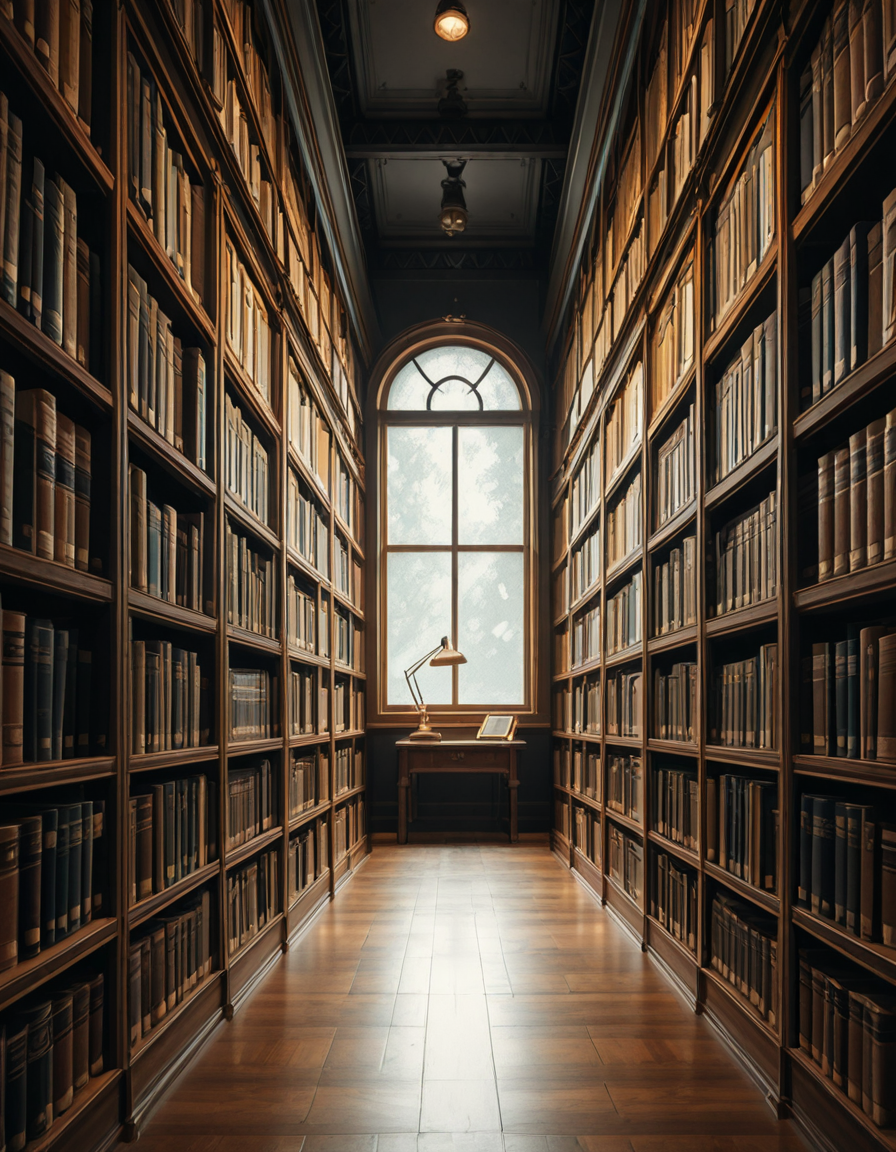 A quiet and dimly lit aisle in a grand university library, lined with tall wooden bookshelves filled with countless books of various sizes and colors. The shelves stretch high, nearly reaching the ceiling, with small ladders placed along the aisle for access to the upper rows. The soft glow of overhead lights casts a warm ambiance, illuminating the dust particles floating in the air. The floor is covered in polished hardwood or a subtle-patterned carpet, absorbing the quiet footsteps of visitors. At the far end of the aisle, a large window lets in a gentle stream of natural light, creating a contrast between the warm artificial glow and the cool daylight. Some books are slightly pulled out from the shelves, and a few are stacked on a nearby wooden table, suggesting recent use. The atmosphere is serene and intellectual, evoking a sense of knowledge, discovery, and timeless academia. The composition is symmetrical, drawing the eye down the center of the aisle, creating depth and perspective.
<lora:SDXLFaeTastic2400:0.4> <lora:extremely_detailed:0.4> extremely detailed, <lora:University_Library_41sl3-ill:1>,University Library 41sl3, Masterpiece,best quality,hi res,8k,hi res,8k,award winning,(sharp focus, intricate, highly detailed),