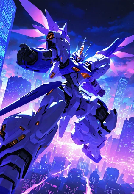 masterpiece, best quality, newest, very aesthetic, absurdres, dynamic shot, dynamic angle, cityscape, R-RRS, MECHA-BACK-UNIT, MECHA-HUGE-ARMS, (ultra-detailed mecha armor), purple and black color palette, soft lighting, limited palette, fighting pose
