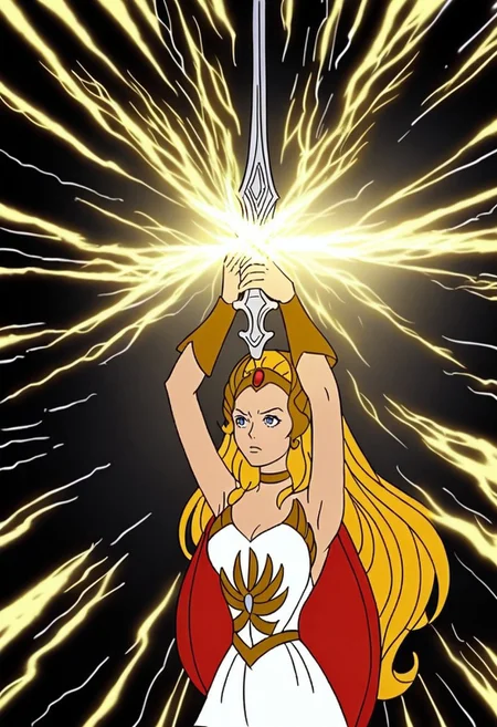 80's cartoon style,
1girl, orange hair, yellow hair, gradient hair, blue eyes, upper body,
sh3ra, blonde hair, golden tiara, white dress, white skirt, golden armour, boots, red cape, broadsword, holding sword in air, hand clasped around sword handle
sparks and lightning all around her
detailed hands,