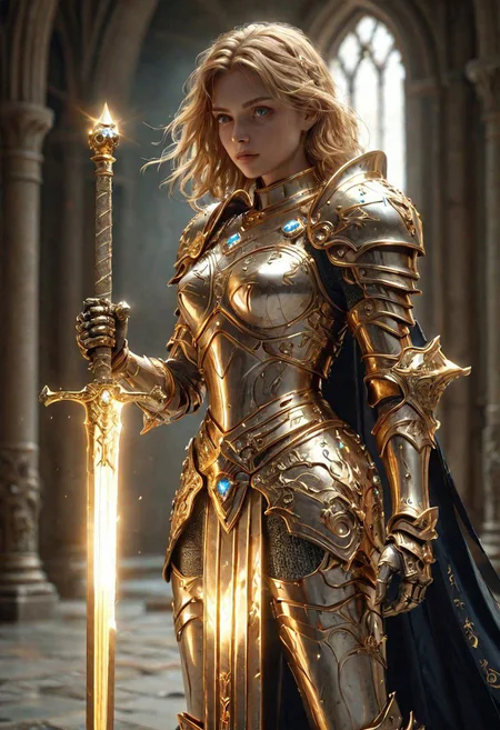 amazing quality, masterpiece, best quality, hyper detailed, ultra detailed, UHD, perfect anatomy, (in castle:1.2),
girl knight, holding a sword, dazzling ,transparent ,polishing, (1 arm up),
waving sword, gold armor, glowing armor, glowing eyes, full armor, shine armor, dazzling armor, 
<lora:HKStyle:0.85>, HKStyle,
<lora:add-detail-xl:0.75>,
<lora:quality1:0.75>,
<lora:extremely_detailed:0.6>, extremely detailed,
 <lora:ral-bling-sdxl:0.7> ral-bling,