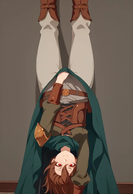 score_9, score_7_up, solo, keyaruroh, brown hair, hair between eyes, red eyes, green shirt, corset, single pauldron, bracer, armor, multiple belts, bandolier, green cape, belt, pouch, grey pants, LycorisChallenge, one arm handstand, upside-down, covering crotch,<segment:yolo-AnzhcFaceseg640v2y8n.pt,0.4,0.3>