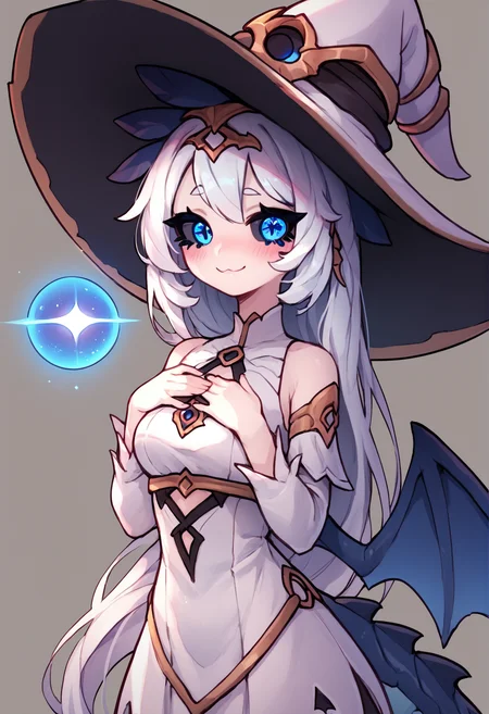 (score_9, score_8_up), score_7_up, zPDXL, SqueakyStyle, 1girl, solo, pale skin, blue eyes, black sclera, white hat, witch hat, white dress, smile, dragon wings, blue wings, blushing, looking at viewer, blue blush, simple background, upper body, hands on own chest, monster girl, blue dragon tail, magic, white hair, very long hair, orb, <lora:Squeaky_Style_XL_Pony_SingleShot:1>
