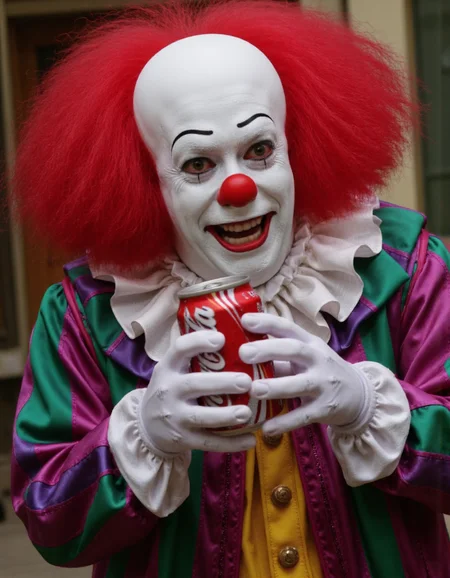 realistic photo of pennywise the clown holding a coke can, <lora:Pennywise_91:0.85>pennywise's, clown's <lora:coke_can_rendering:1>, cccnz1 the soda can